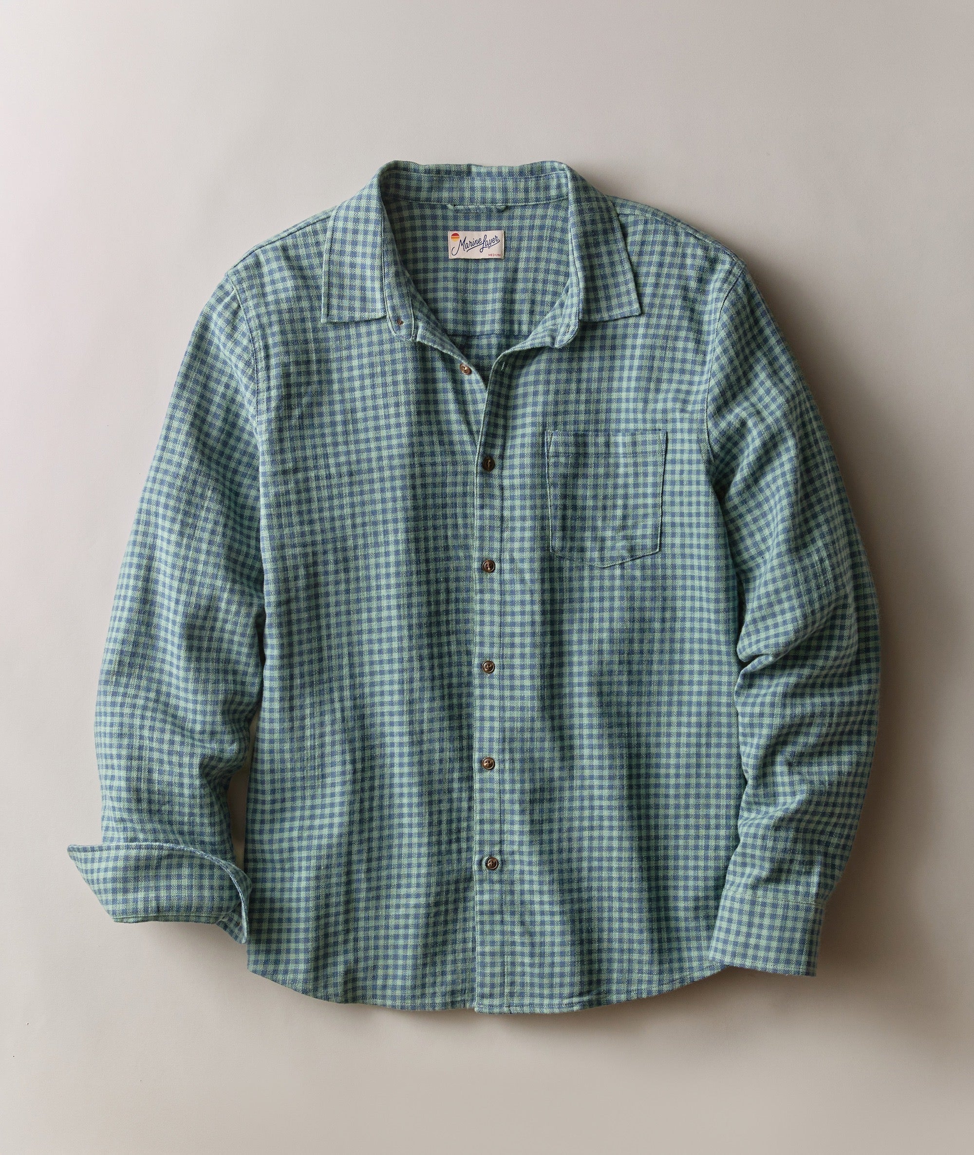 Marine Layer Stretch Selvage Long Sleeve Shirt-Green Navy Gingham