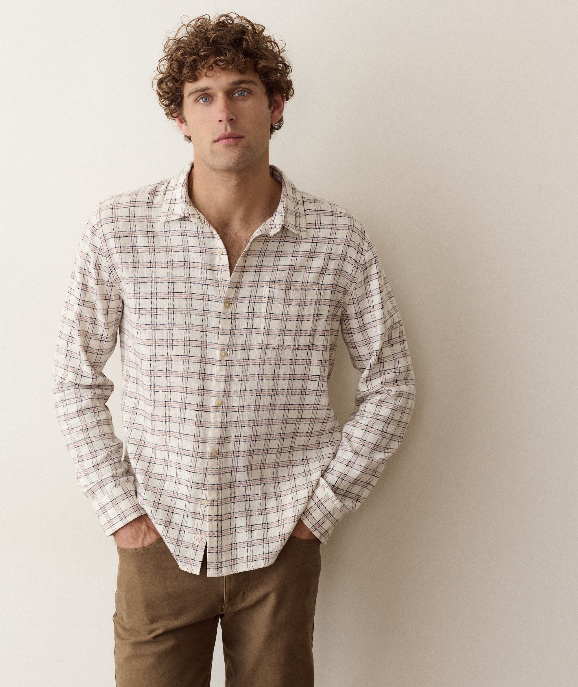 Marine Layer Stretch Selvage Long Sleeve Shirt-white Navy check